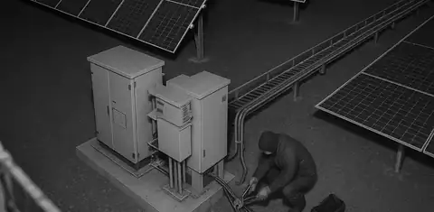 Illustrative night footage of a person next to electrical cabinets.